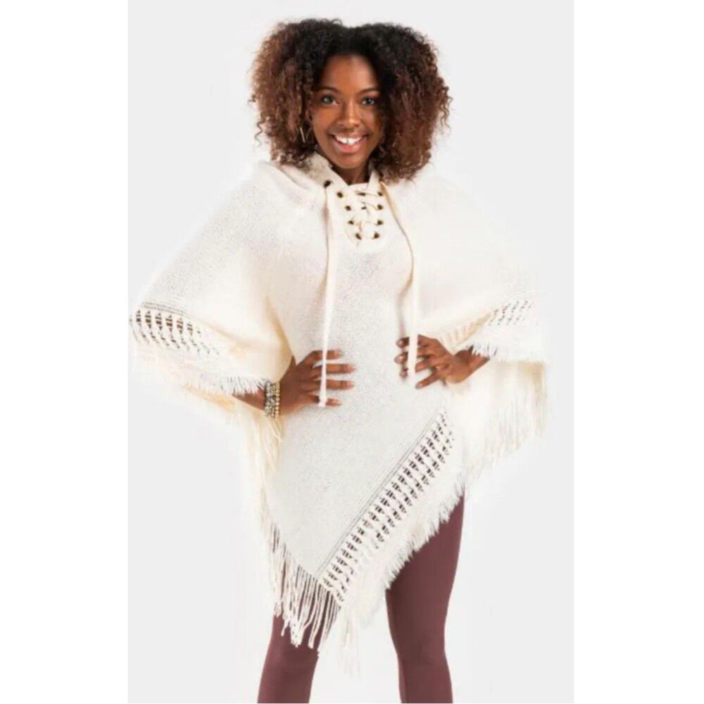 Francesca's | Hooded Sweater Cream Poncho Fringe Detail Lace Up Front One Size